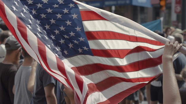 미국 국기를 들고 있는 아이 국기에 대한 선택적 초점