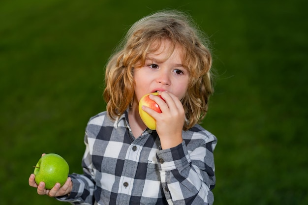 アップルを握っている子供夏の公園の背景子供が緑のアップルを食べている小さな幸せな笑顔の子供の肖像画