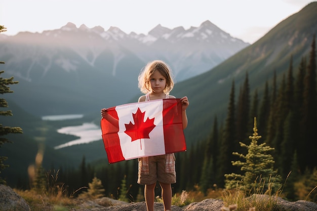 A child holding a canadian flag in front of a mountain
