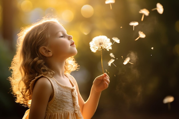 A child holding a daisy and blowing the petals