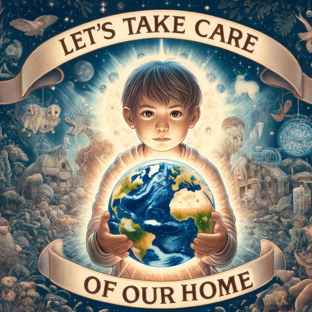 Child Holding Earth Illustration Environmental Stewardship and Protection Message