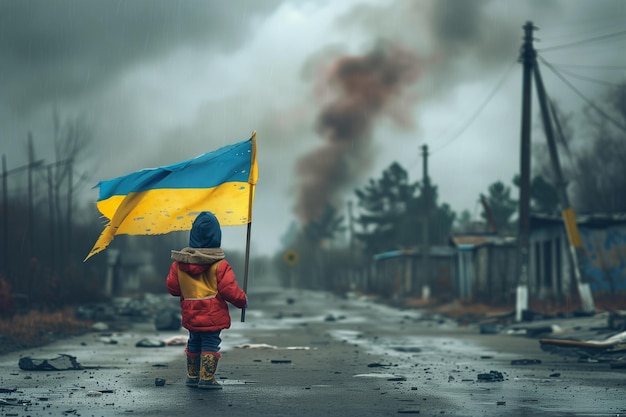 A child holding a flag in a desolate area