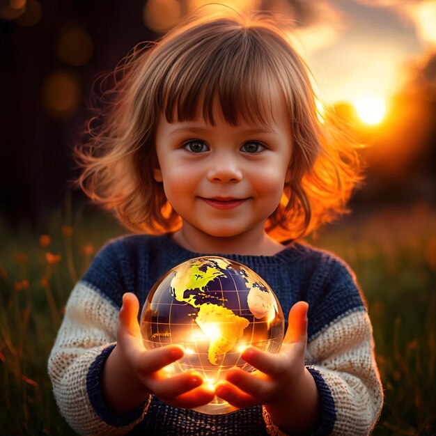 Foto bambino che tiene in mano un globo del mondo il futuro è con i bambini