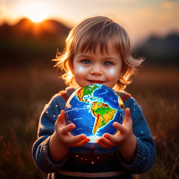 Child holding a globe of the world in hands future is with the children
