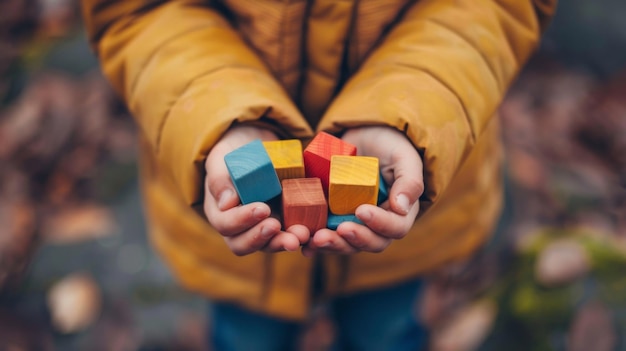 Foto un bambino che tiene in mano una manciata di blocchi di legno colorati