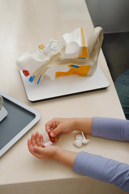 Child holding hearing aids in hands top view