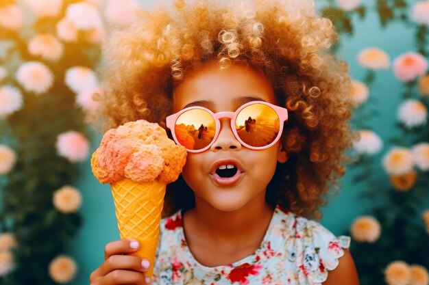 Photo child holding an ice cream cone and wearing sunglasses ice cream