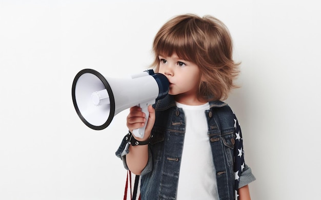 child holding a megaphone white background child shouting into megaphone White man showing anger