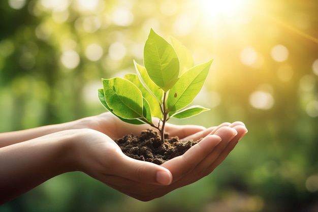 A child holding a plant in their hands with a green background and sunlight shining through the leaves on the plant generate ai