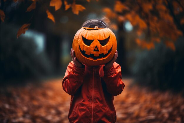 a child holding a pumpkin over their face
