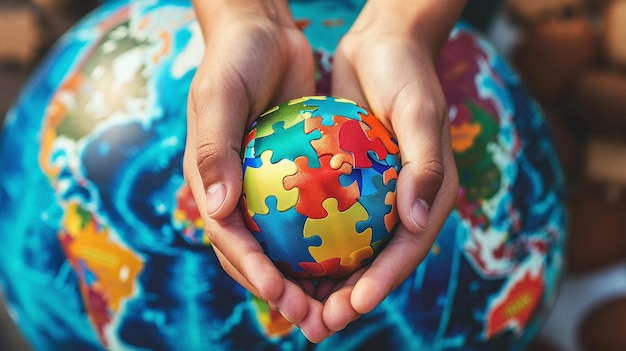 A child holding a puzzle ball with the colors of the earth