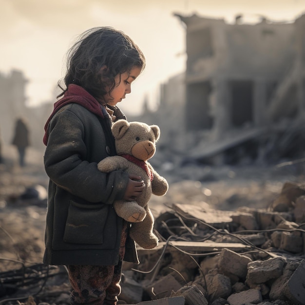 Child holding a teddy bear in a destroyed area