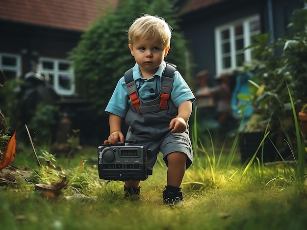 A child holding a walkie talkie mischievous and crouching pl digital native gen alpha generation
