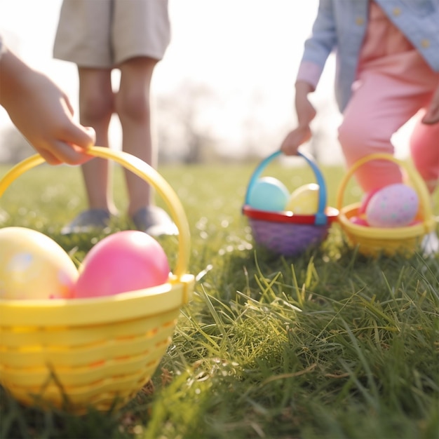 A child holds a basket of easter eggs.