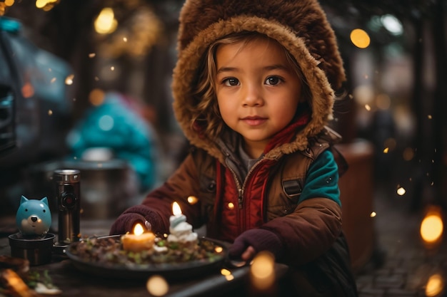 Child holds christmas lamp with glass and candle inside in the night to pine tree Snowing around