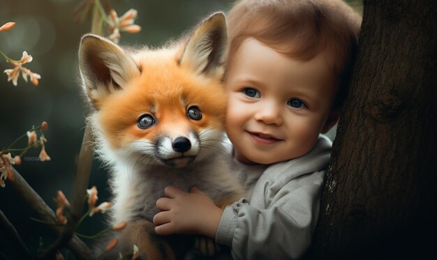 a child holds a fox and a fox cub