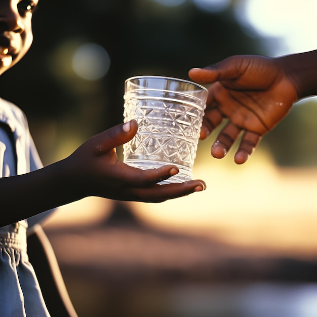 Photo a child holds a glass of water with the word 