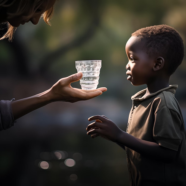 a child holds a glass of water with the words " the word " on it.