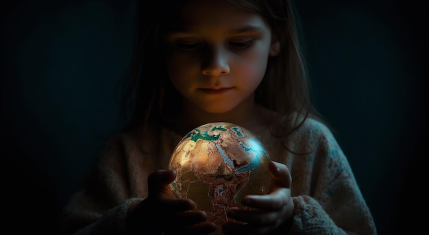 A child holds a globe in the dark