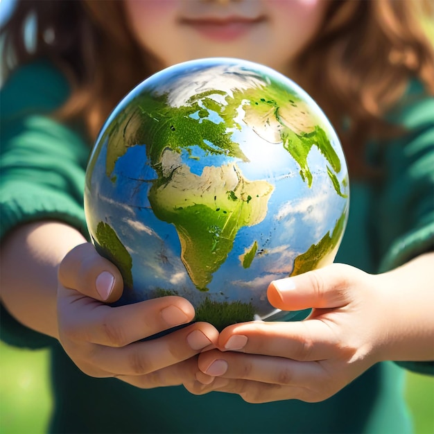 Foto un bambino tiene un globo con la terra nelle mani