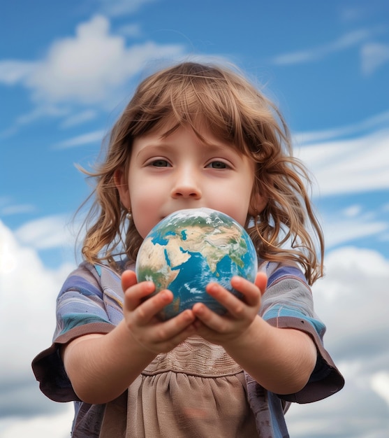 Foto un bambino tiene un globo con la terra nelle mani