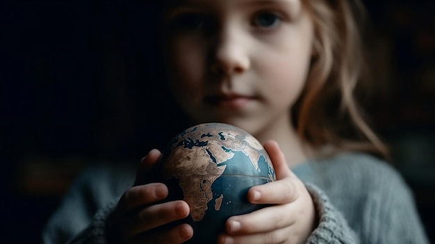 子供は世界が描かれた地球儀を持っています。