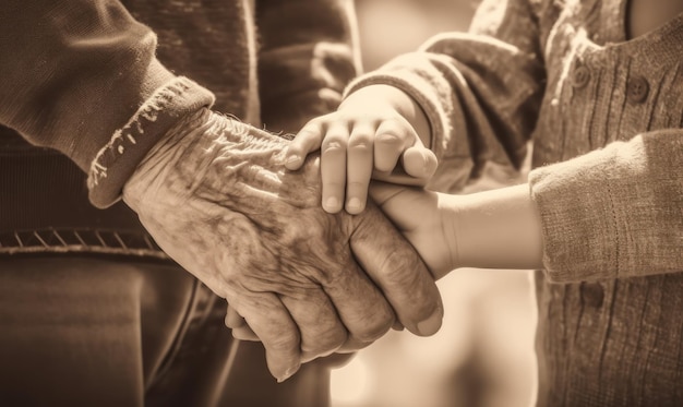 A child holds the hands of an older man.