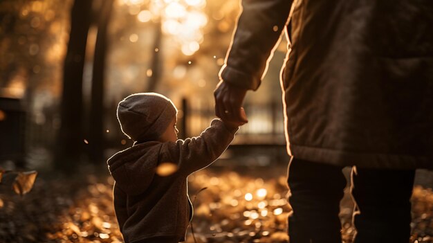 Foto un bambino tiene la mano di sua madre mentre cammina tra le foglie autunnali.