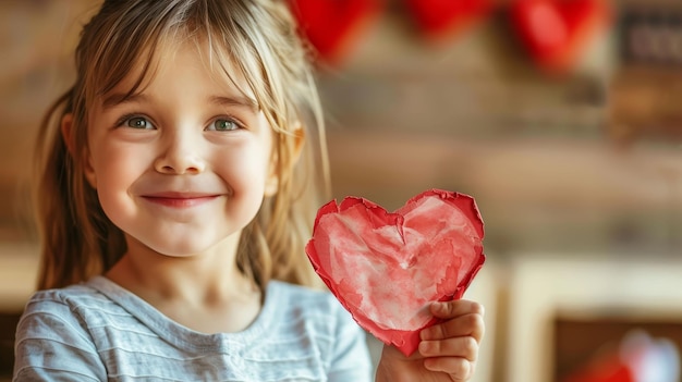 Child holds homemade heartshaped Valentines card