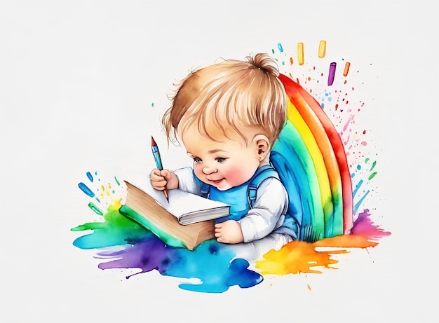 Foto il bambino tiene una penna e disegna lo sviluppo di bambini piccoli poster d'arte colorato in stile acquerello