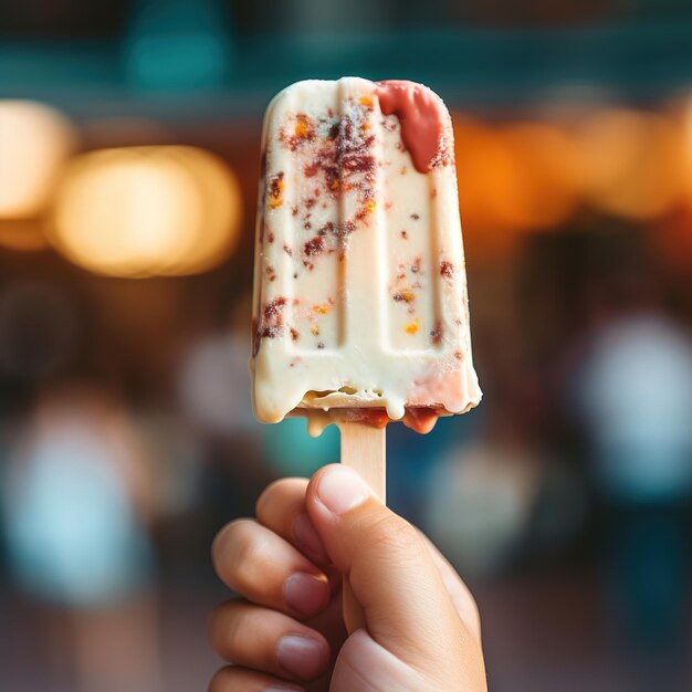 Foto un bambino tiene un gelato su un bastone closeup fruttato snack estivo rinfrescante