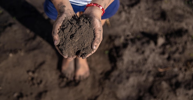 아이는 정원에서 흙을 보유하고 있습니다. 선택적 초점