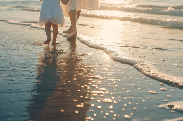 A child holds their mother39s hand walking along a sunlit beach