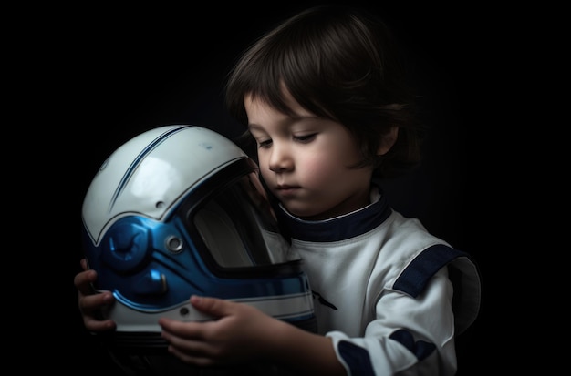 Ребенок держит игрушечный шлем космонавта на темном фоне