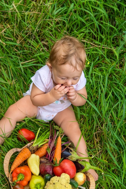 The child holds vegetables in his hands. Selective focus.