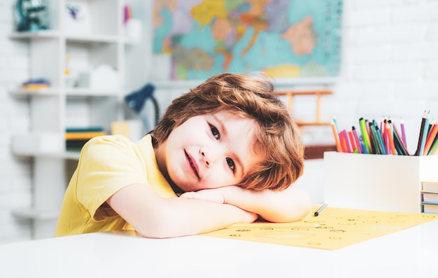 Child home studying and home education kids gets ready for school