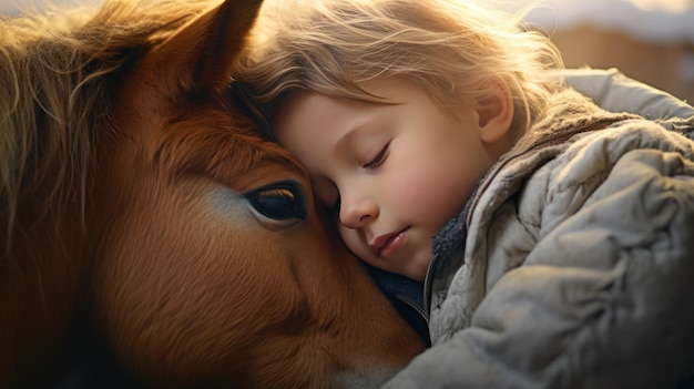 The child hug horse in the morning