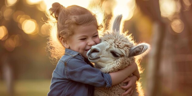 child hugging alpaca in petting zoo kid embracing llama at farm domestic animal zoo copy space