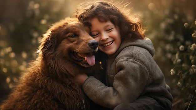A child hugging a dog with a girl hugging her