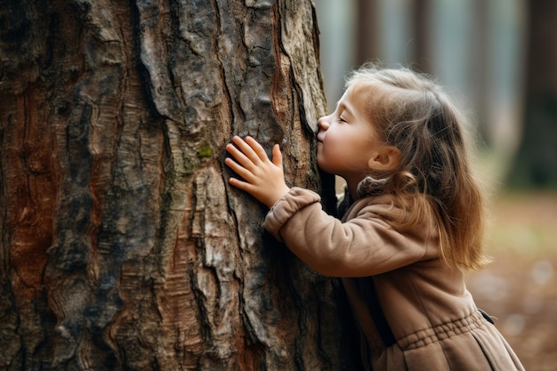 Child hugging tree net zero carbon neutral concept for climate love and gas emissions