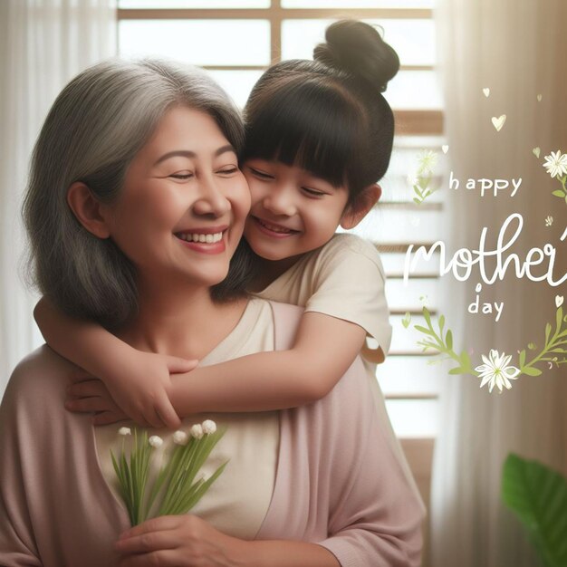 Child hugs her mother and wishes Happy Mothers Day