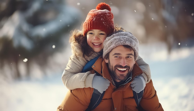 A child hugs his father against the backdrop of a winter forest