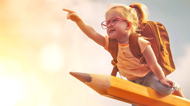 Child imagination and adventure concept Little girl riding a giant pencil in the sky Creative playful childhood moment Dream big and learn AI