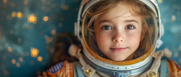 Фото Ребенок в костюме астронавта играет и мечтает быть космонавтом на ярко-синей стене с желтыми звездами портрет смешного ребенка на синей стене
