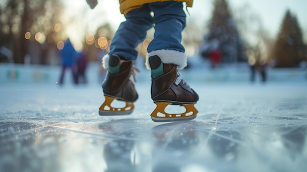 사진 갈색 스케이트 를 입은 어린이 가 겨울 오후 에 야외 스케이트장 에서 아이스 스케이팅 을 즐기고 있다