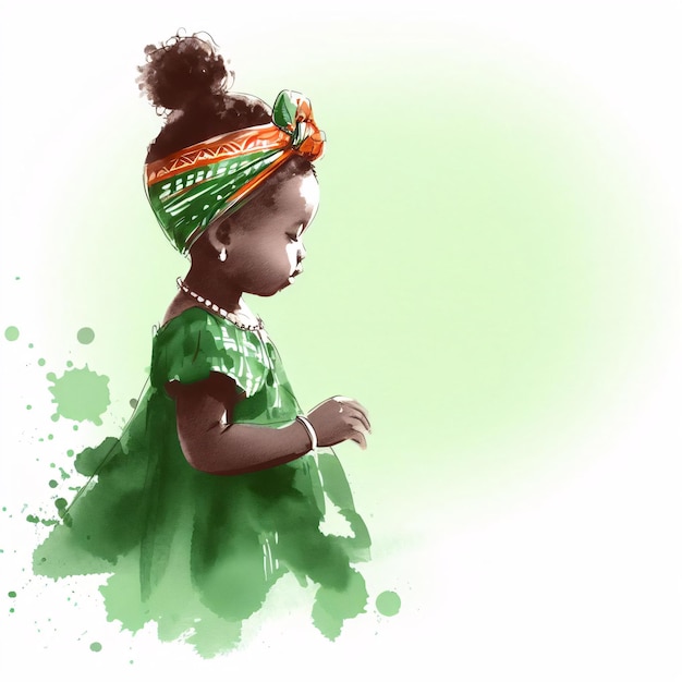 Фото Ребенок в традиционной африканской одежде бутылка зелёная палитра месяц черной истории