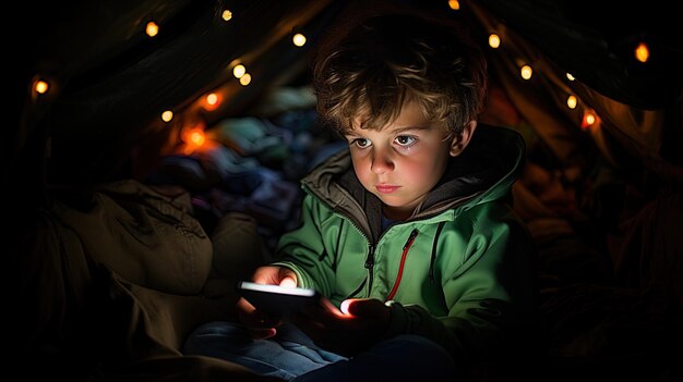 Child inside a tent playing with a cell phone