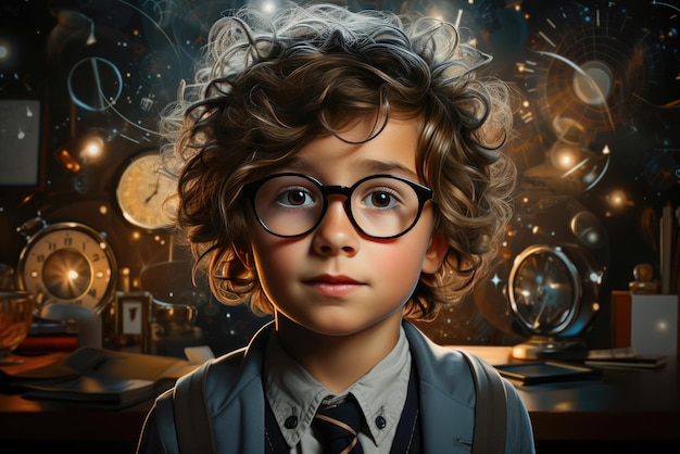 Child is a boy a mathematical or physical genius with glasses and a school uniform The concept of academic excellence talent prodigy intellectual curiosity