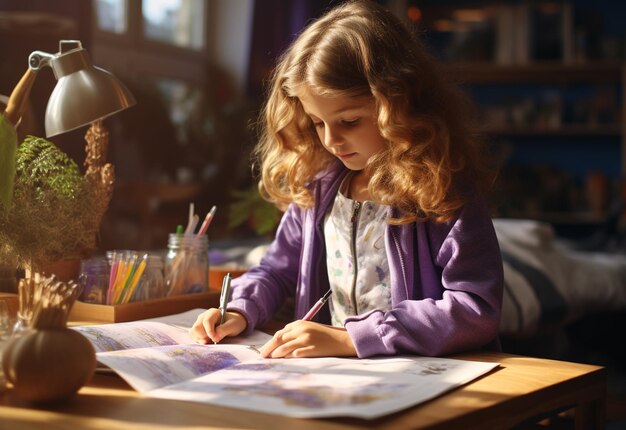 child is doing her homework in a book on a desk