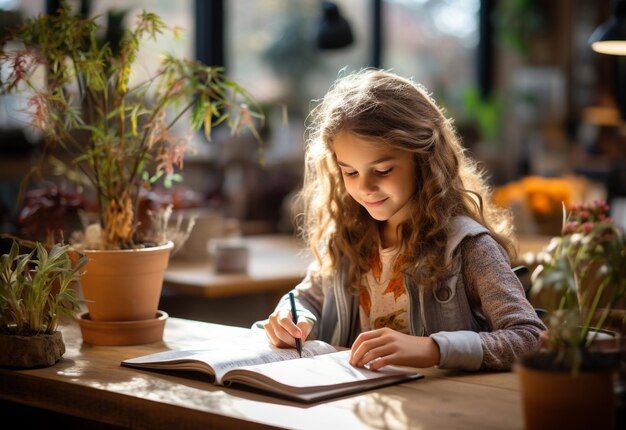 Photo child is doing her homework in a book on a desk